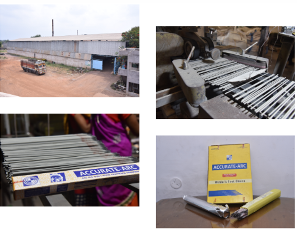 Accurate Weldarc Manufacturing Facility — Plant exterior, production line, electrode packaging and finished products