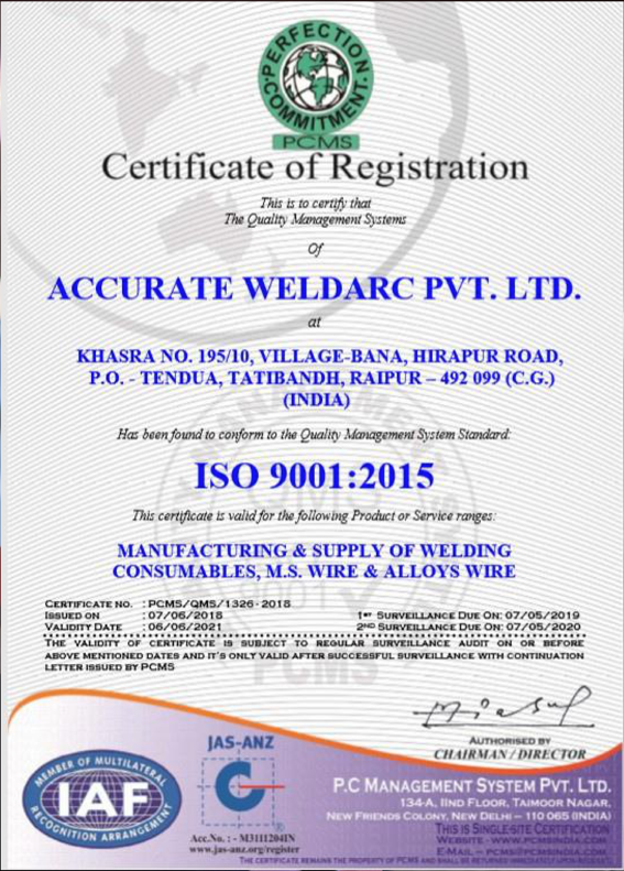 ISO 9001:2015 Certificate — Accurate Weldarc Private Limited