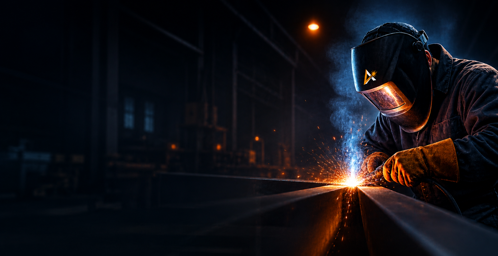 Industrial welder working on heavy steel with bright orange welding sparks