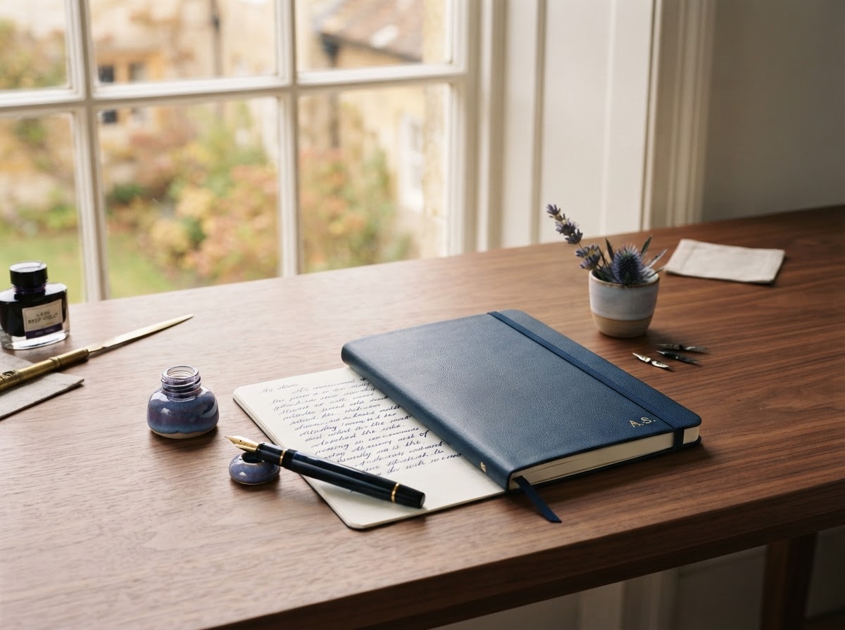 A clean wooden desk with a leather notebook and fountain pen in soft window light
