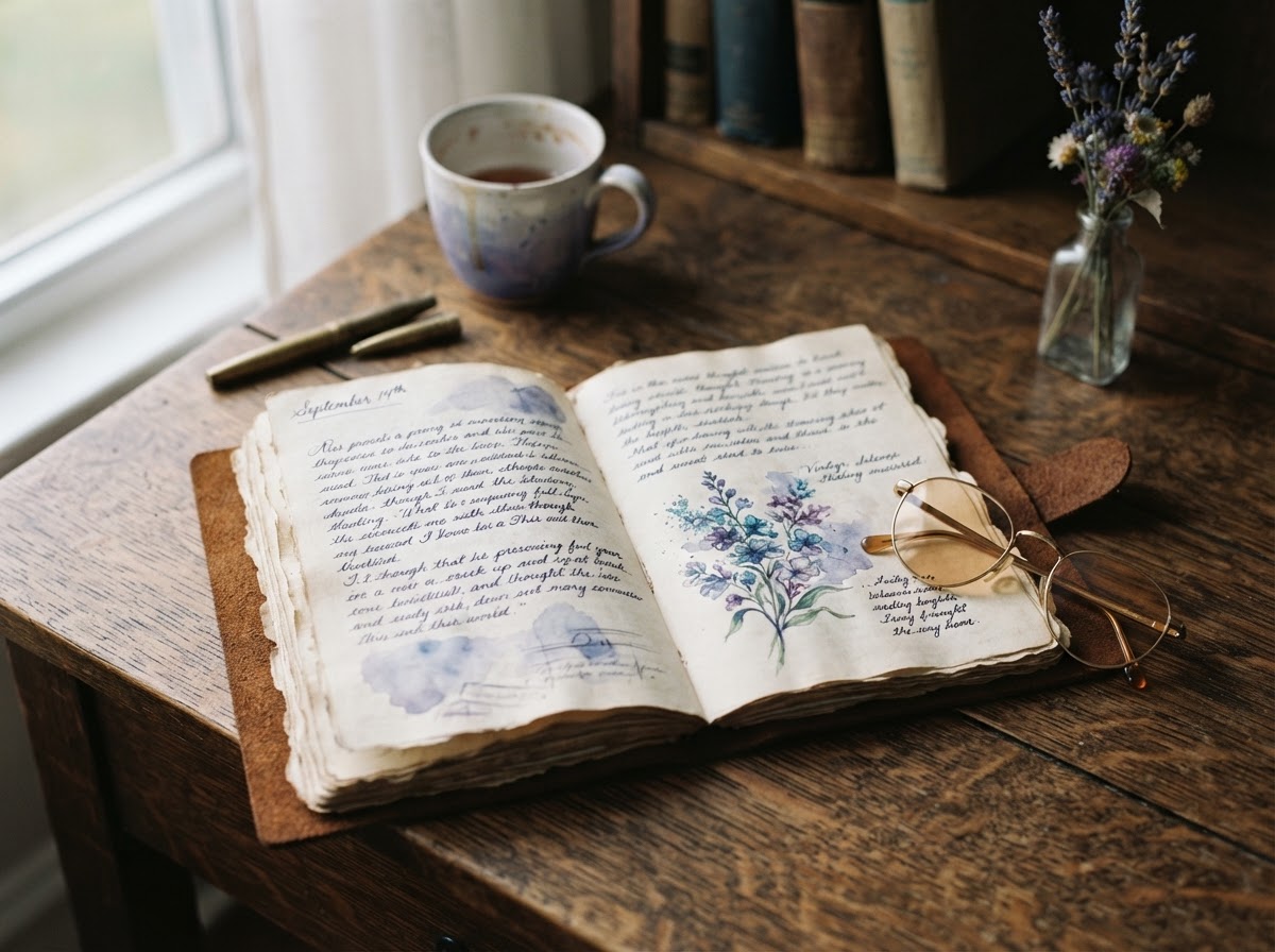An open vintage notebook on a wooden desk with reading glasses in soft natural light