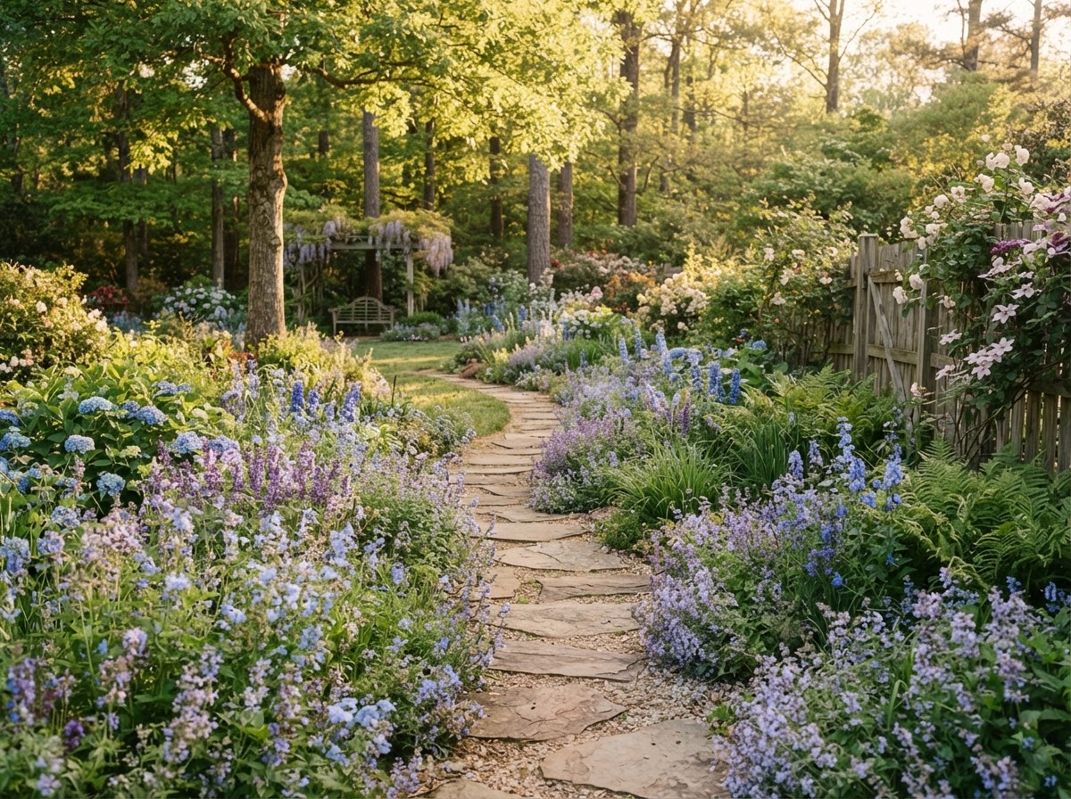 A calm sunlit pathway through a North Carolina garden with wildflowers in soft natural light