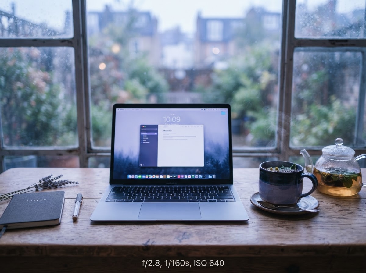 A calm laptop with herbal tea on a wooden desk by a window in soft natural light