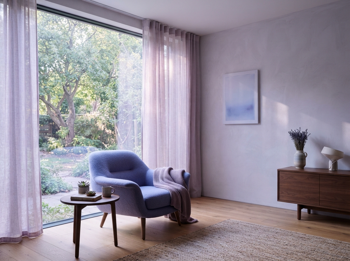 A serene minimalist therapy room with a comfortable armchair near a large window in soft morning light