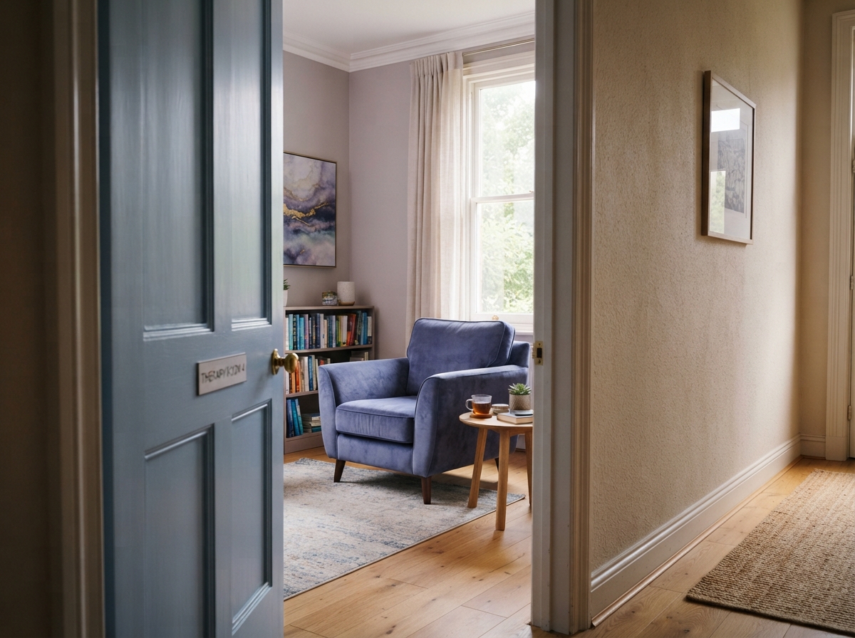 A welcoming half-open doorway revealing a calm therapy room with soft natural light and a comfortable armchair