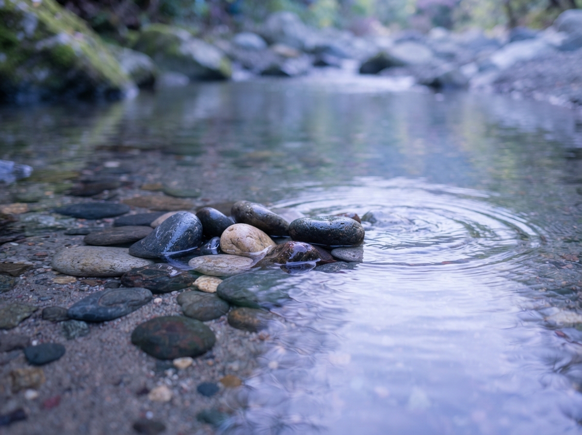 Smooth river stones arranged in still water with gentle ripples in soft natural light