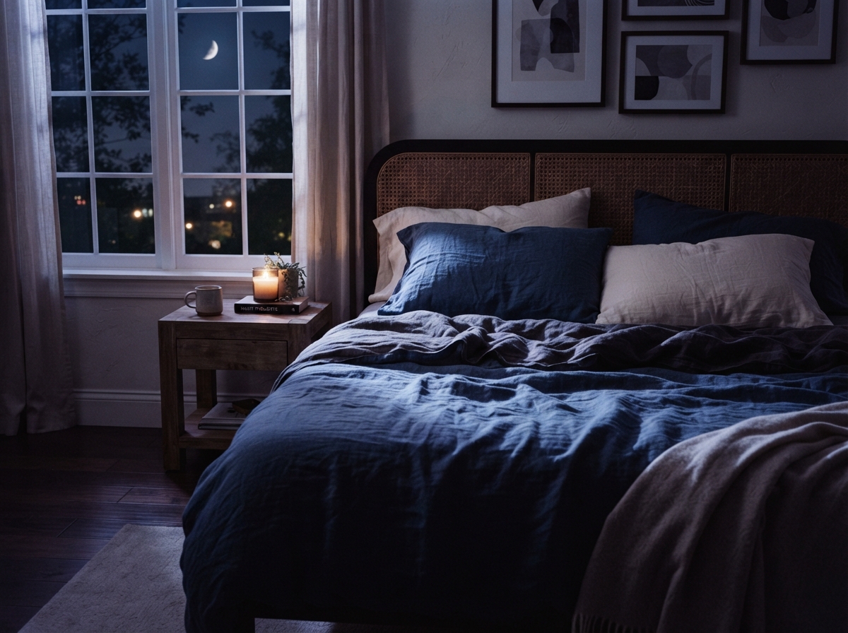 A tranquil bedroom scene with rumpled linen sheets and a soft pillow in gentle moonlight