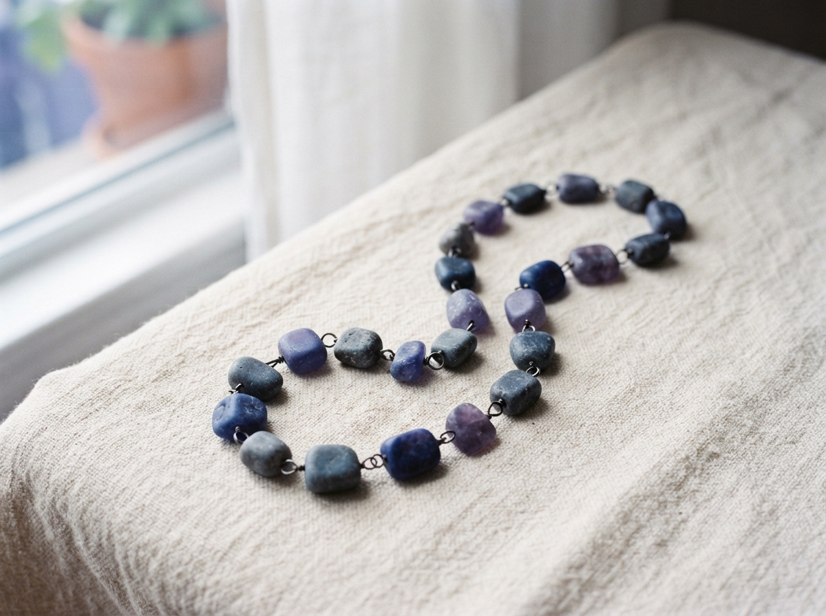 A smooth broken stone chain on a cream linen surface in soft window light