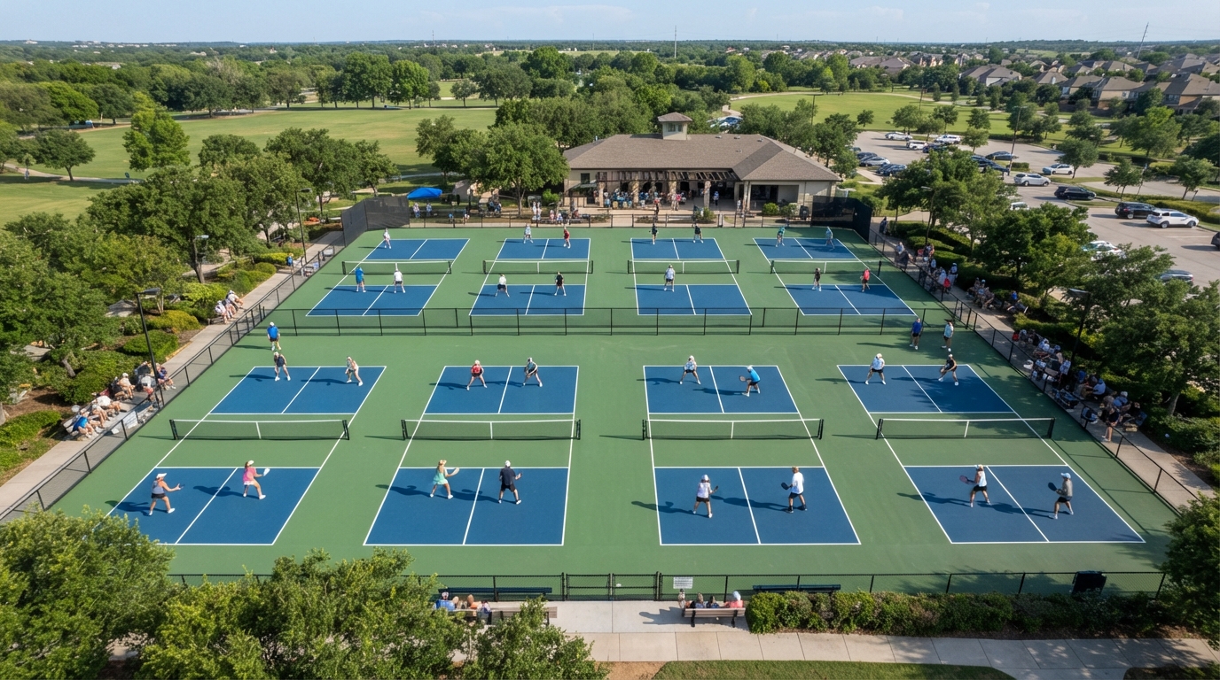 Aerial view of pickleball courts during open play