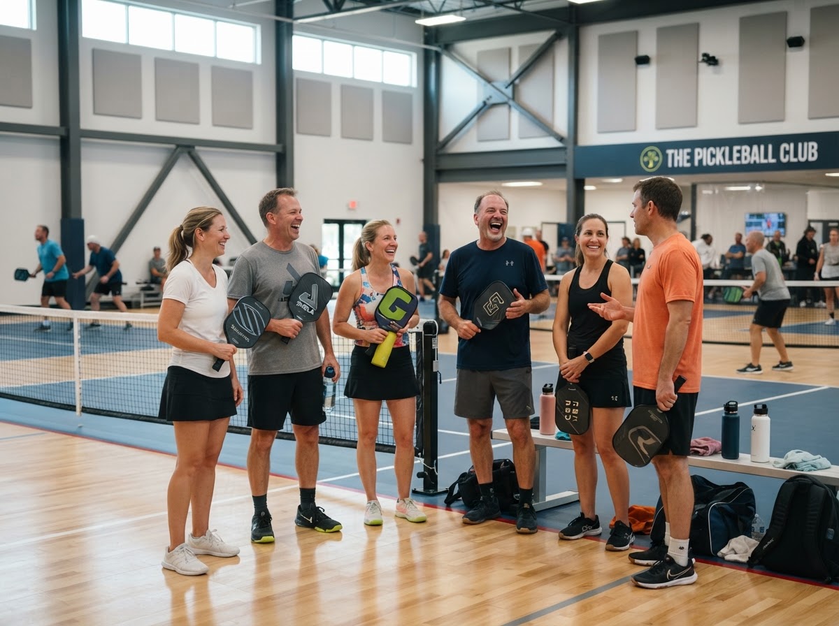 Pickleball players socializing between games