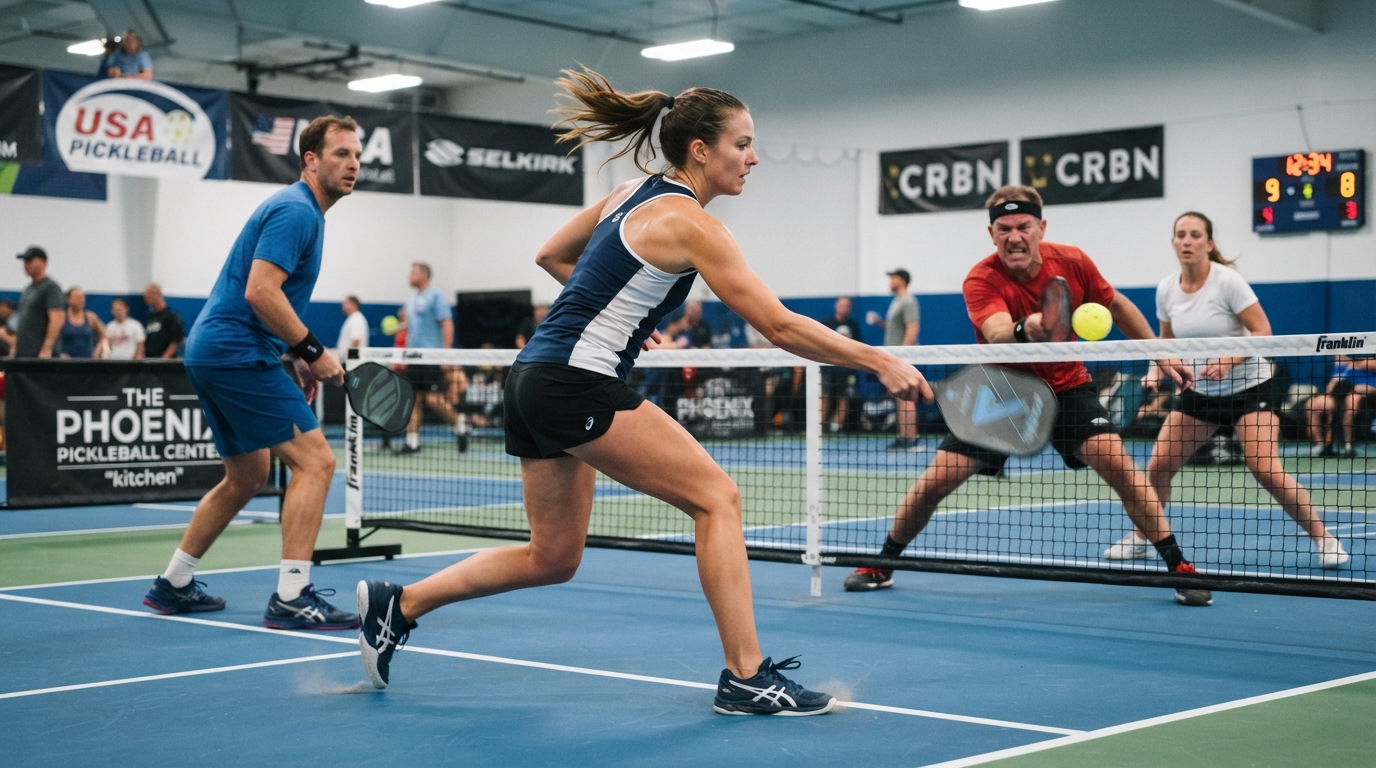 Pickleball players in action during a doubles rally