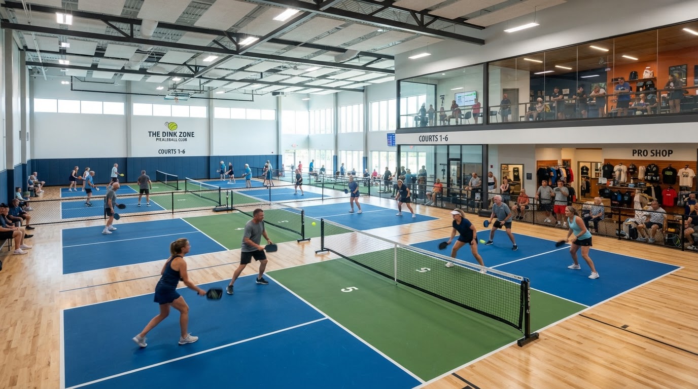 Modern indoor pickleball facility with multiple courts