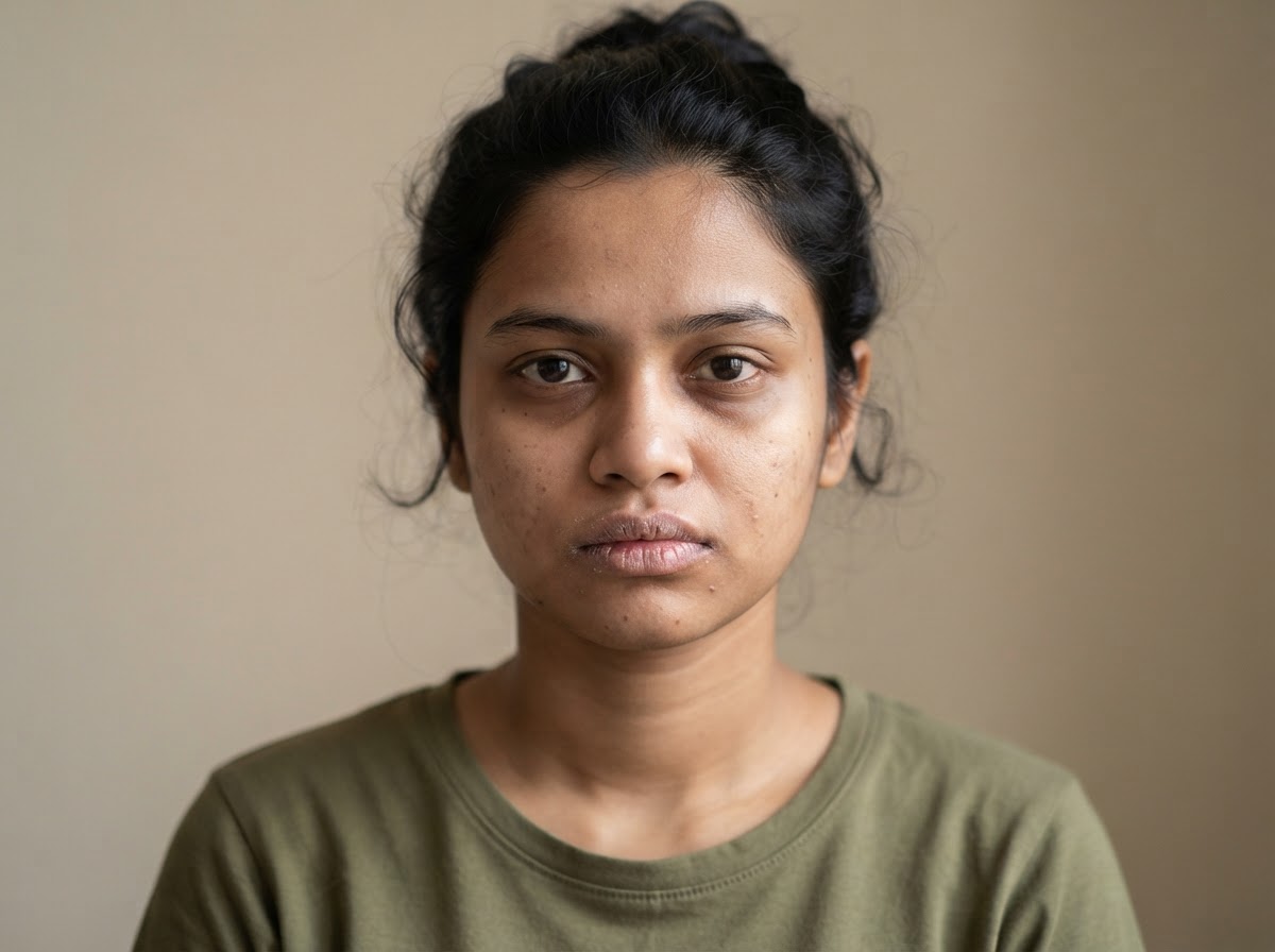 Bangladeshi woman with dry chapped lips before using Bee&Beauty Velvet Gold Lip Oil