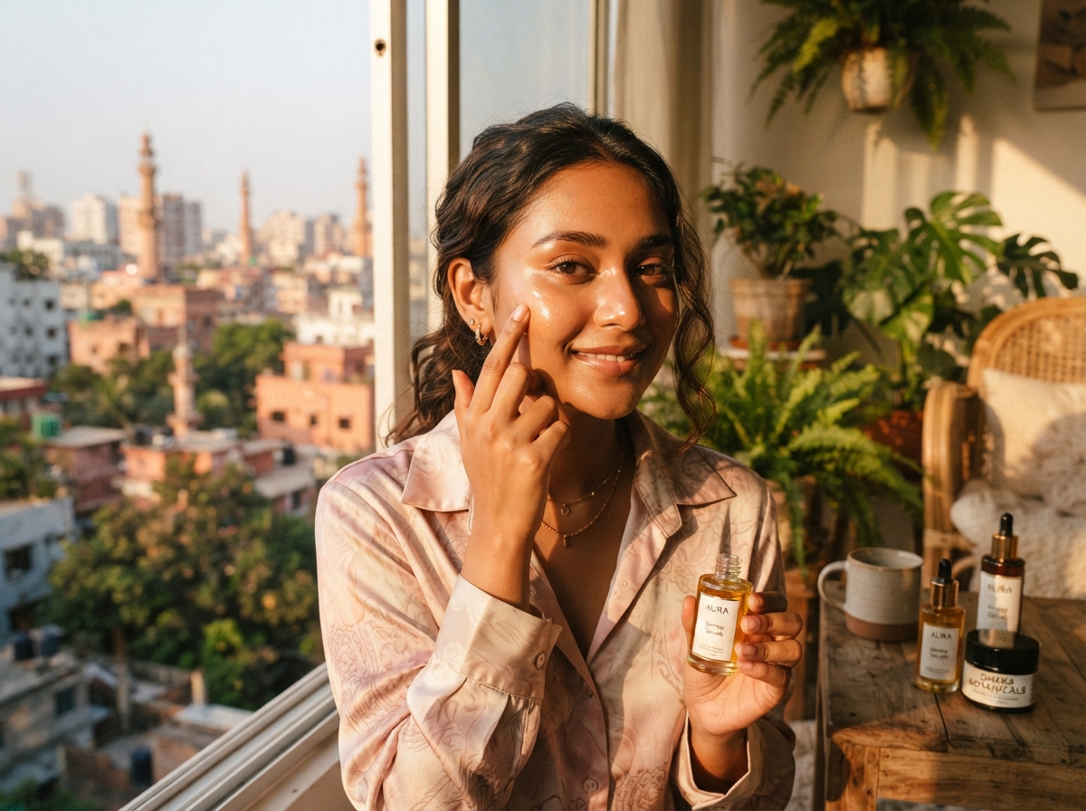 Bangladeshi beauty model applying Royal Honey serum on a sunlit Dhaka rooftop at golden hour
