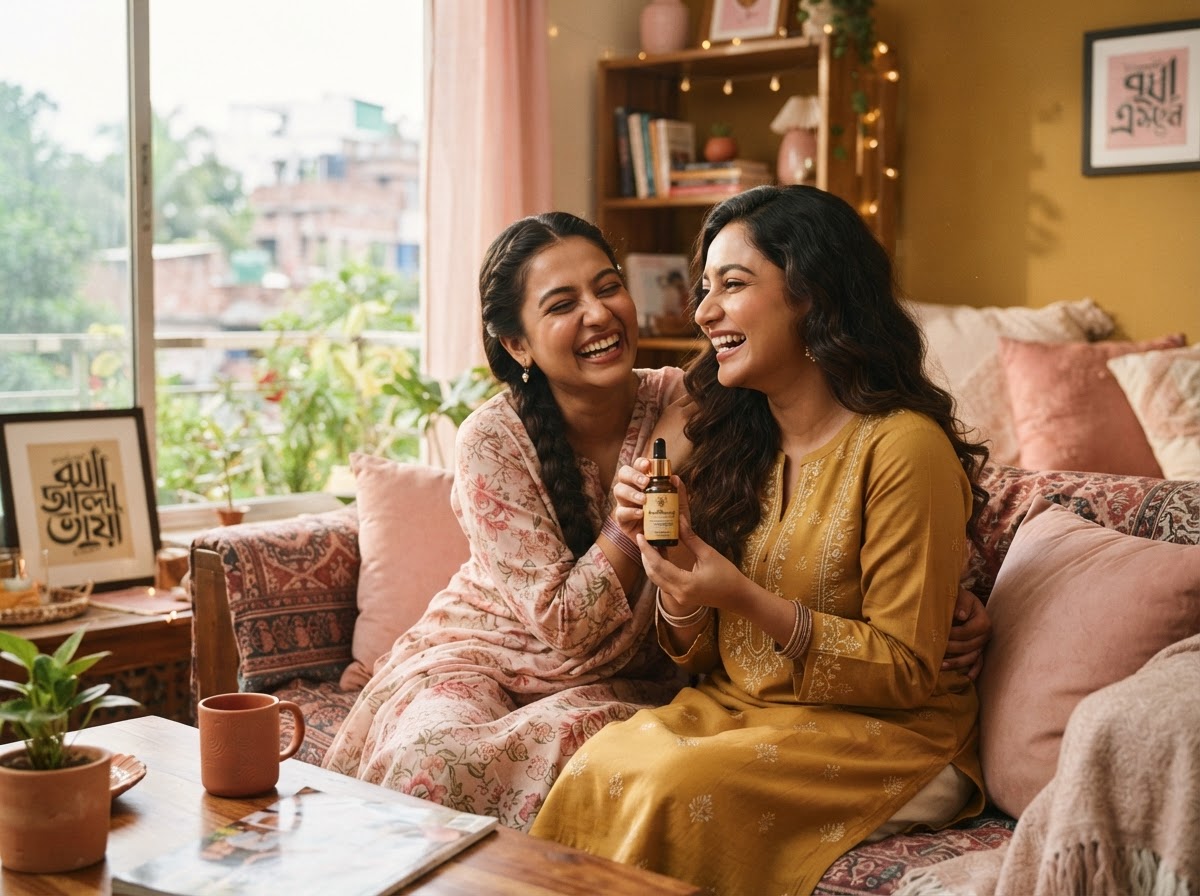 Two Bangladeshi women friends laughing with Bee&Beauty serum in a cozy Dhaka living room