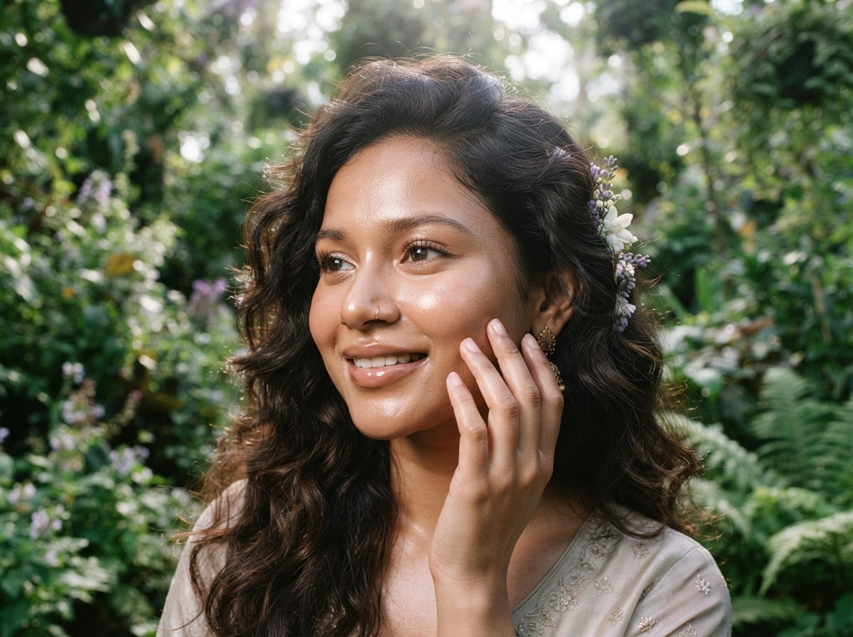 Close-up of Bangladeshi model with radiant glass skin in a botanical garden