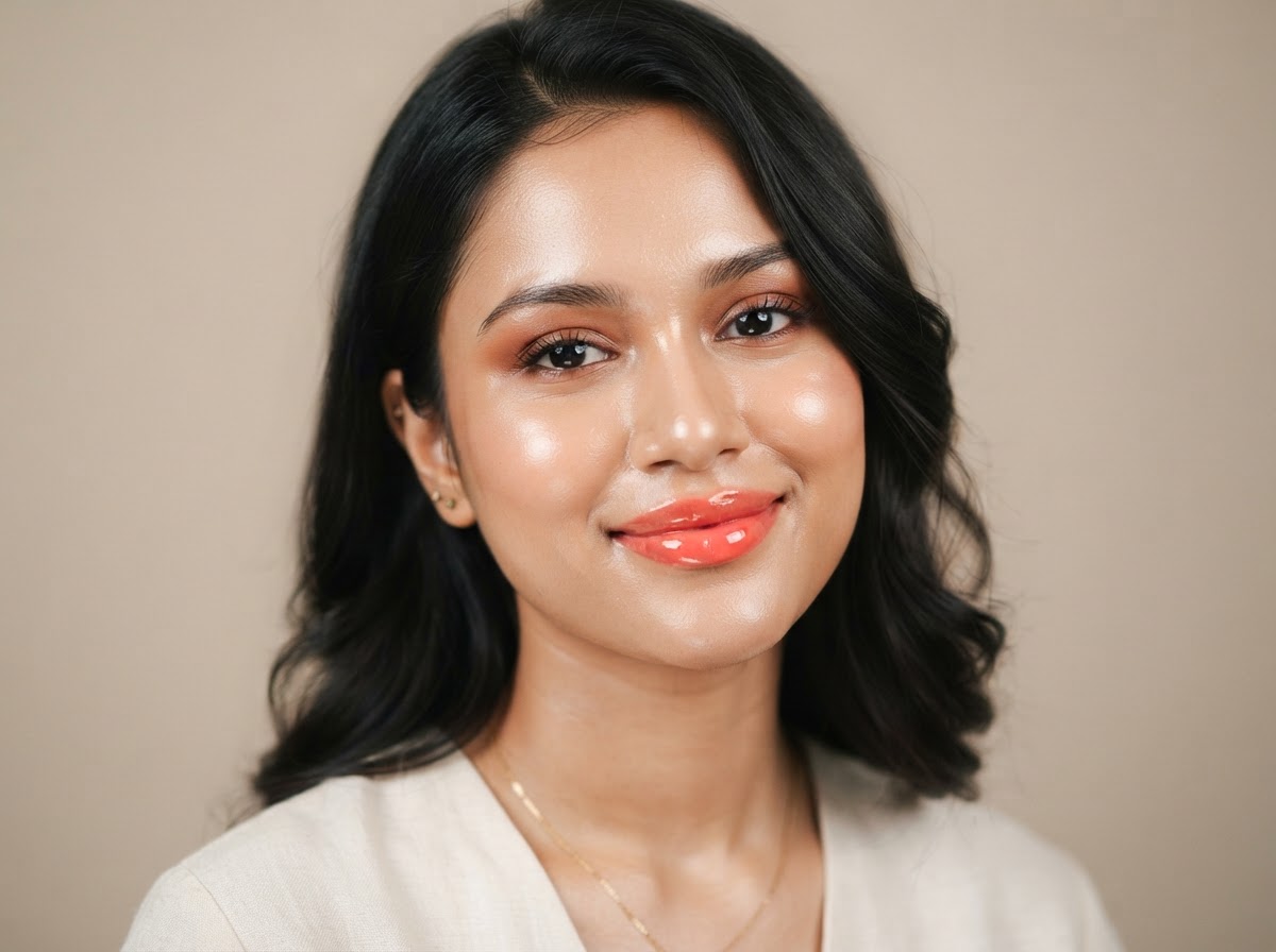 Same Bangladeshi woman with glossy plump lips after using Bee&Beauty Velvet Gold Lip Oil