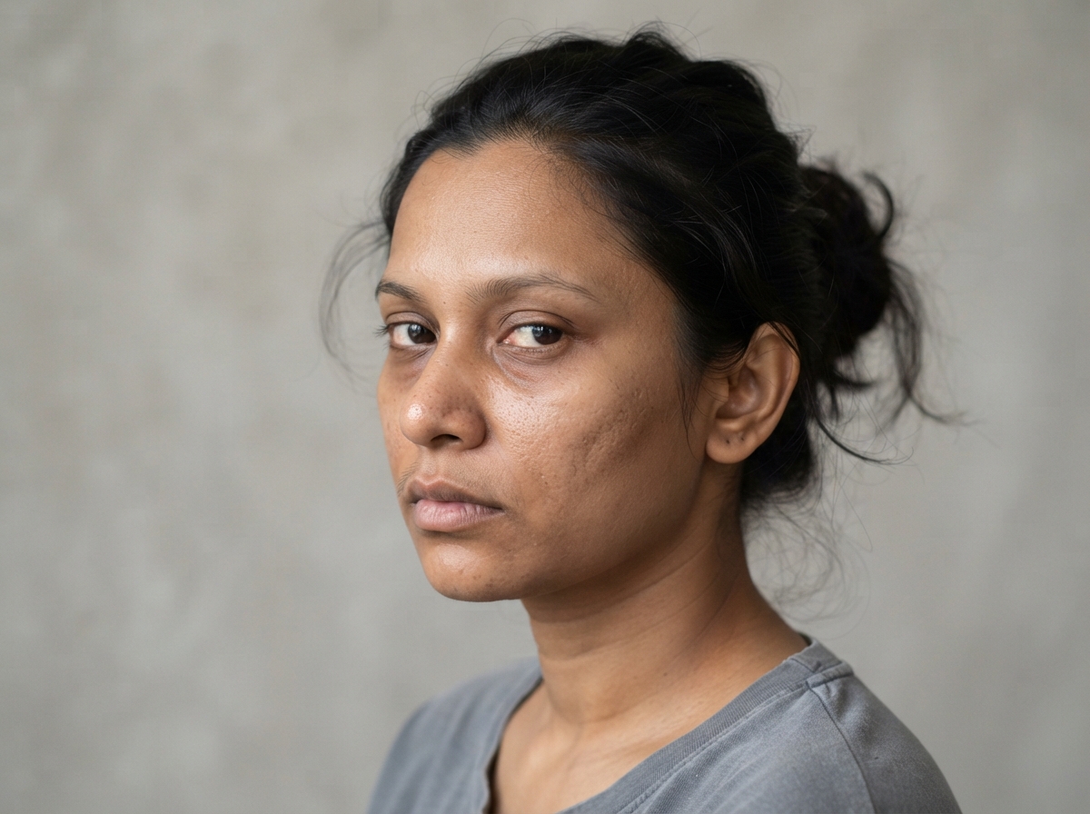 Bangladeshi woman with tired dull skin and visible pores before using Bee&Beauty Honey Velvet Cushion Foundation