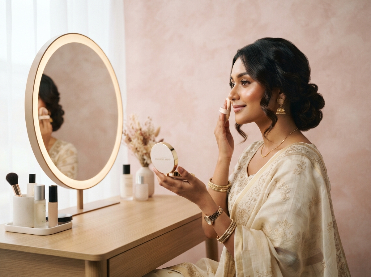 Bangladeshi woman applying cushion foundation in a minimalist studio with blush pink backdrop