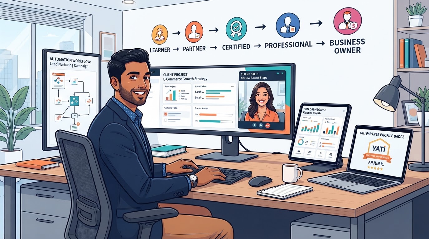 Arjun confidently working at a professional desk with client projects, automation, CRM and partner profile visible on screens