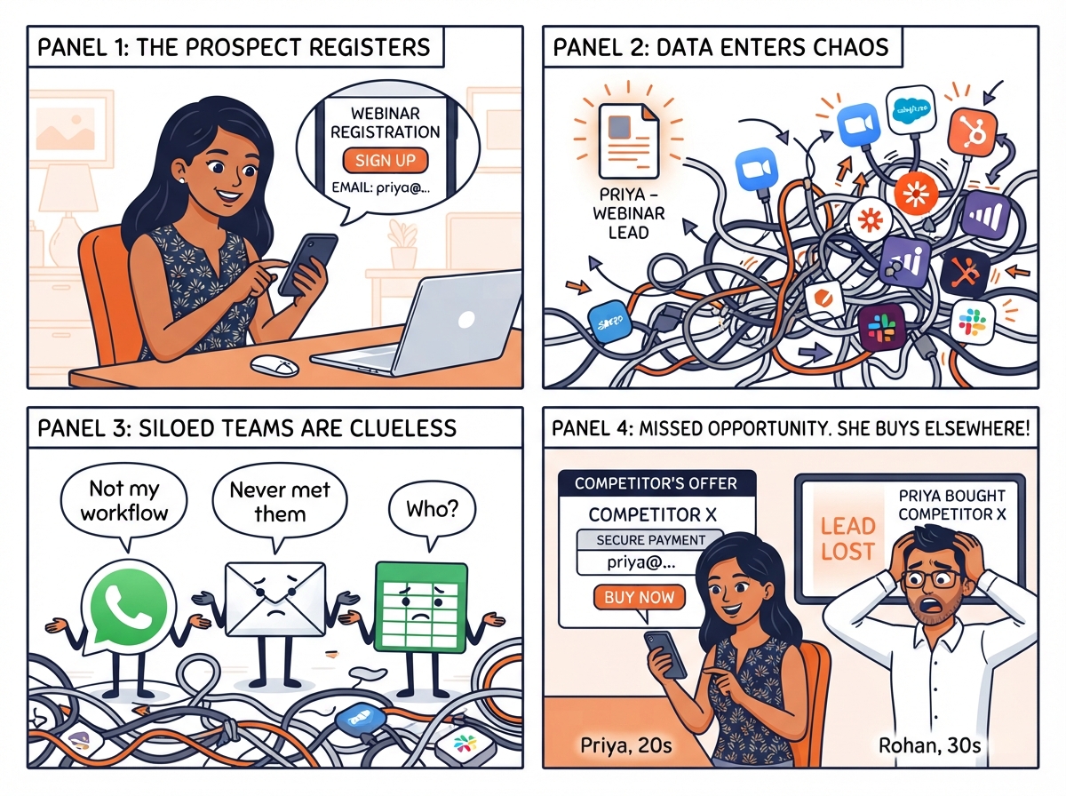 Four-panel comic strip: prospect registers for webinar, lead enters chaotic tech stack, WhatsApp email and spreadsheet shrug in confusion, prospect buys from competitor