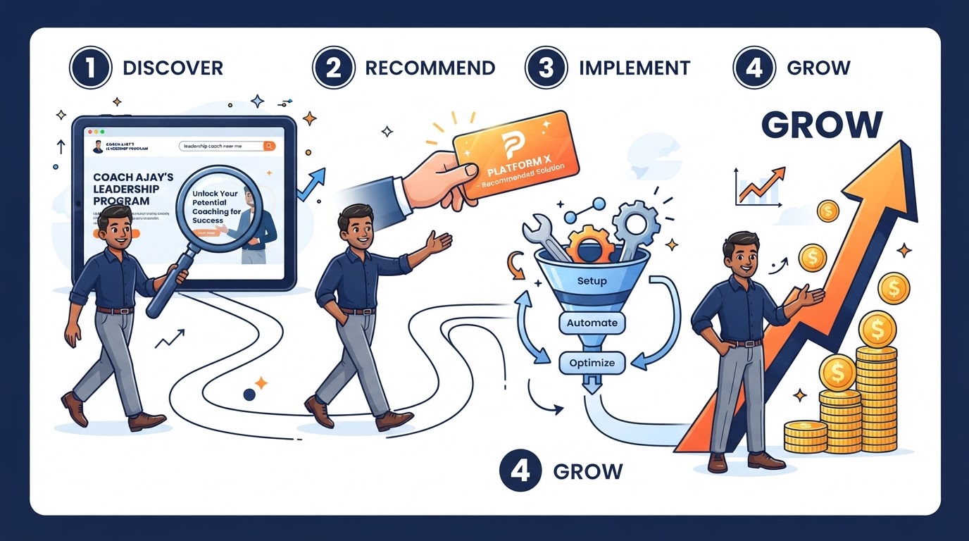 Four-step partner journey: Discover, Recommend, Implement, Grow