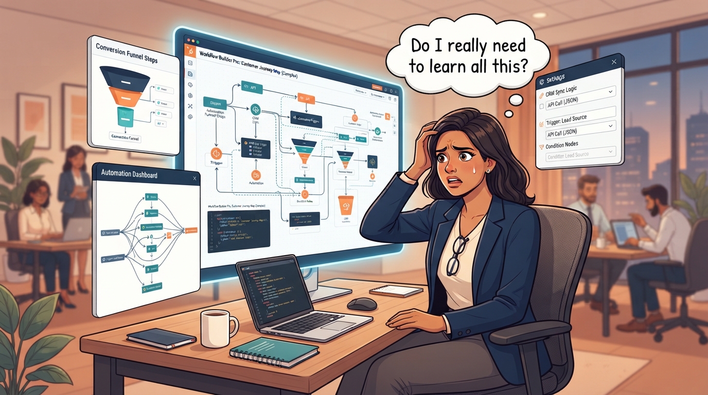Indian professional woman Neha looking overwhelmed at complicated technical diagrams showing CRM workflows, automation nodes, funnel builders and API blocks