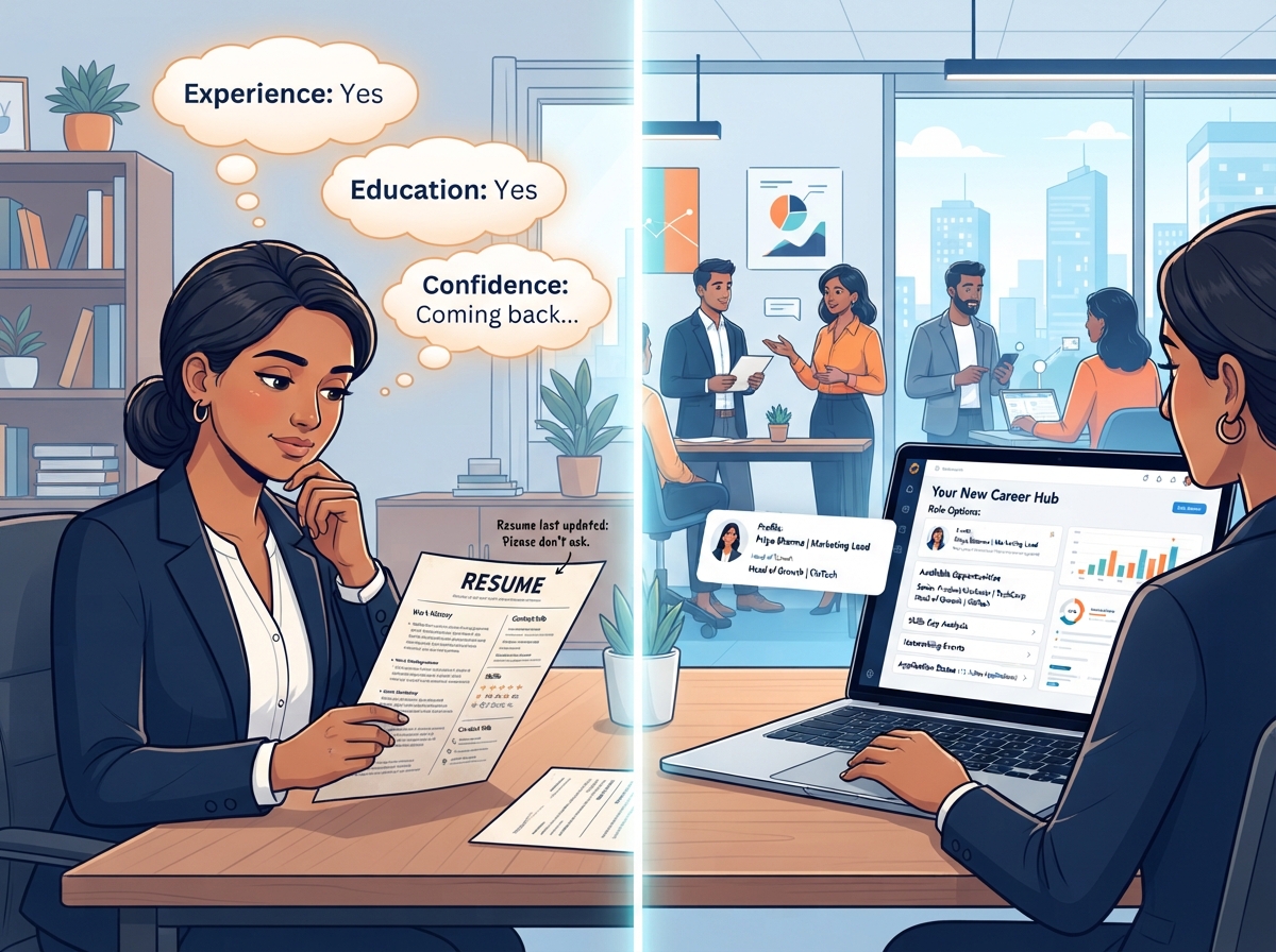 Indian woman looking at old resume with thought bubbles about experience and education, alongside a modern laptop showing digital roles