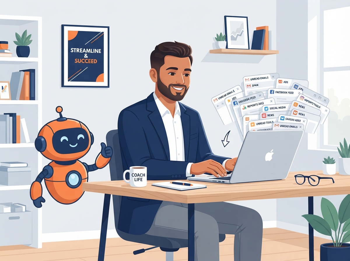 Relaxed Indian coach closing unnecessary browser tabs with a friendly robot giving a thumbs up