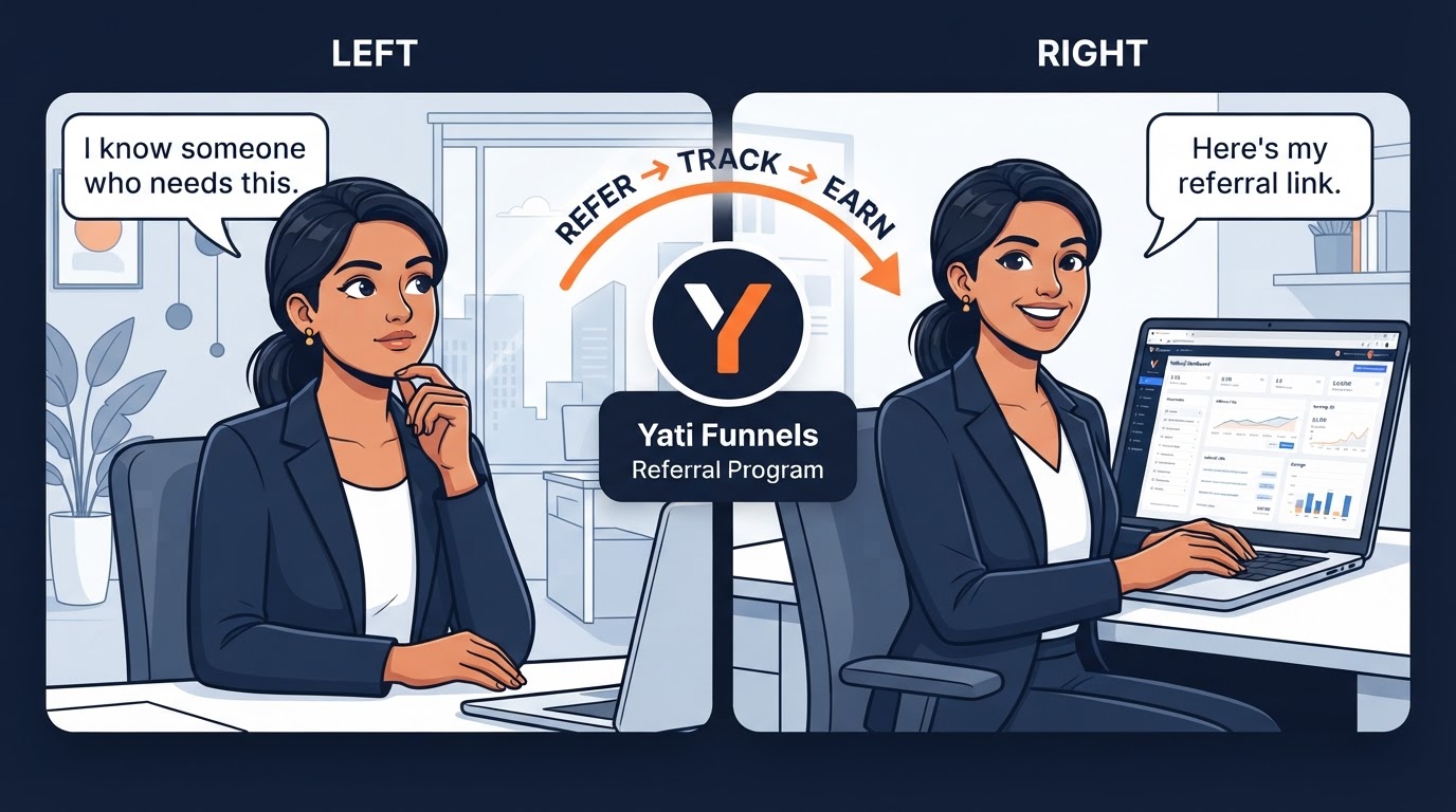 Side-by-side transformation: Neha at the beginning saying I know someone who needs this, versus confident Neha using her referral dashboard saying Here's my referral link