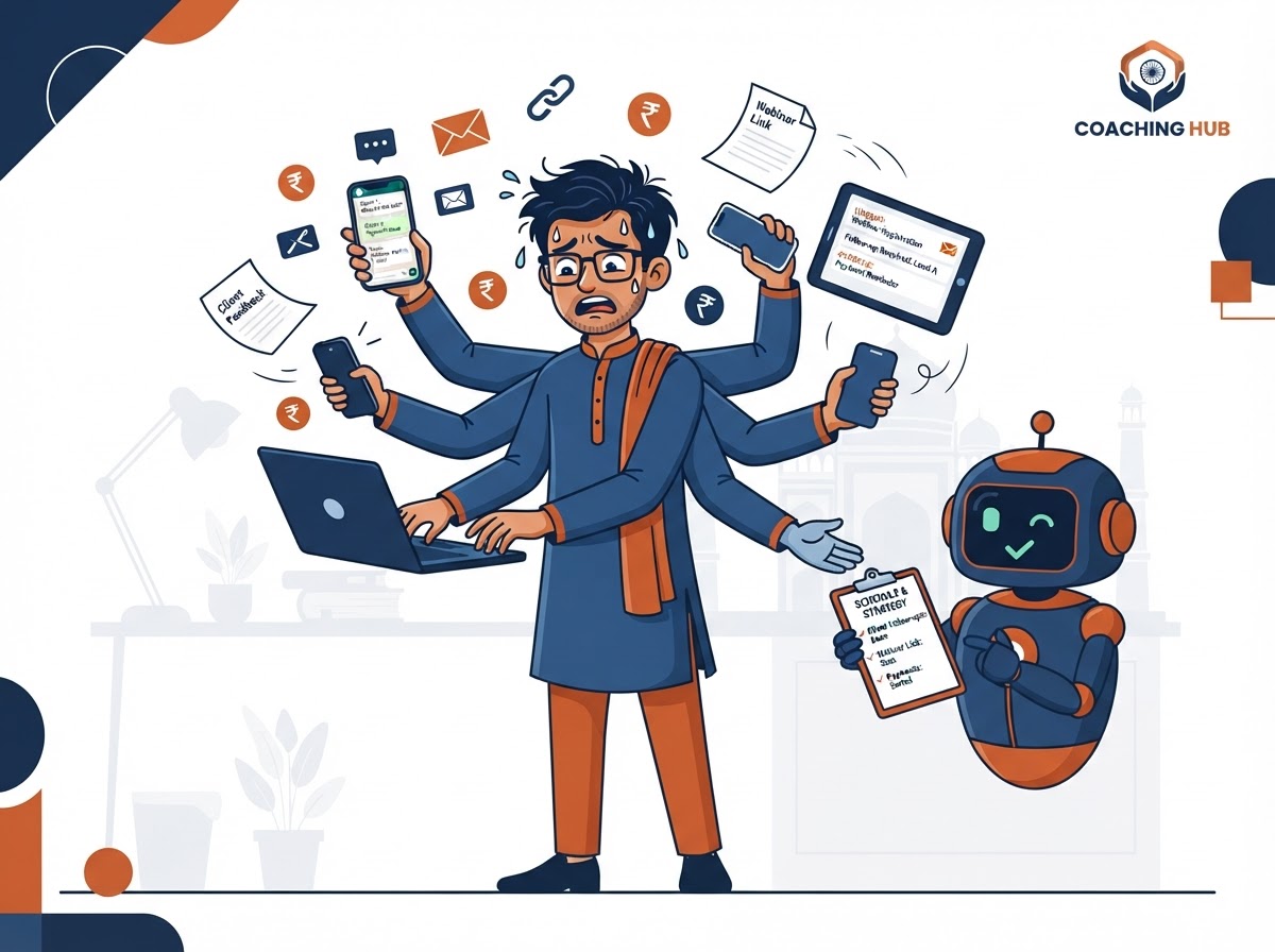 Indian coach with multiple cartoon arms trying to manually send WhatsApp messages, emails, webinar links and follow-ups, with a calm robot assistant nearby