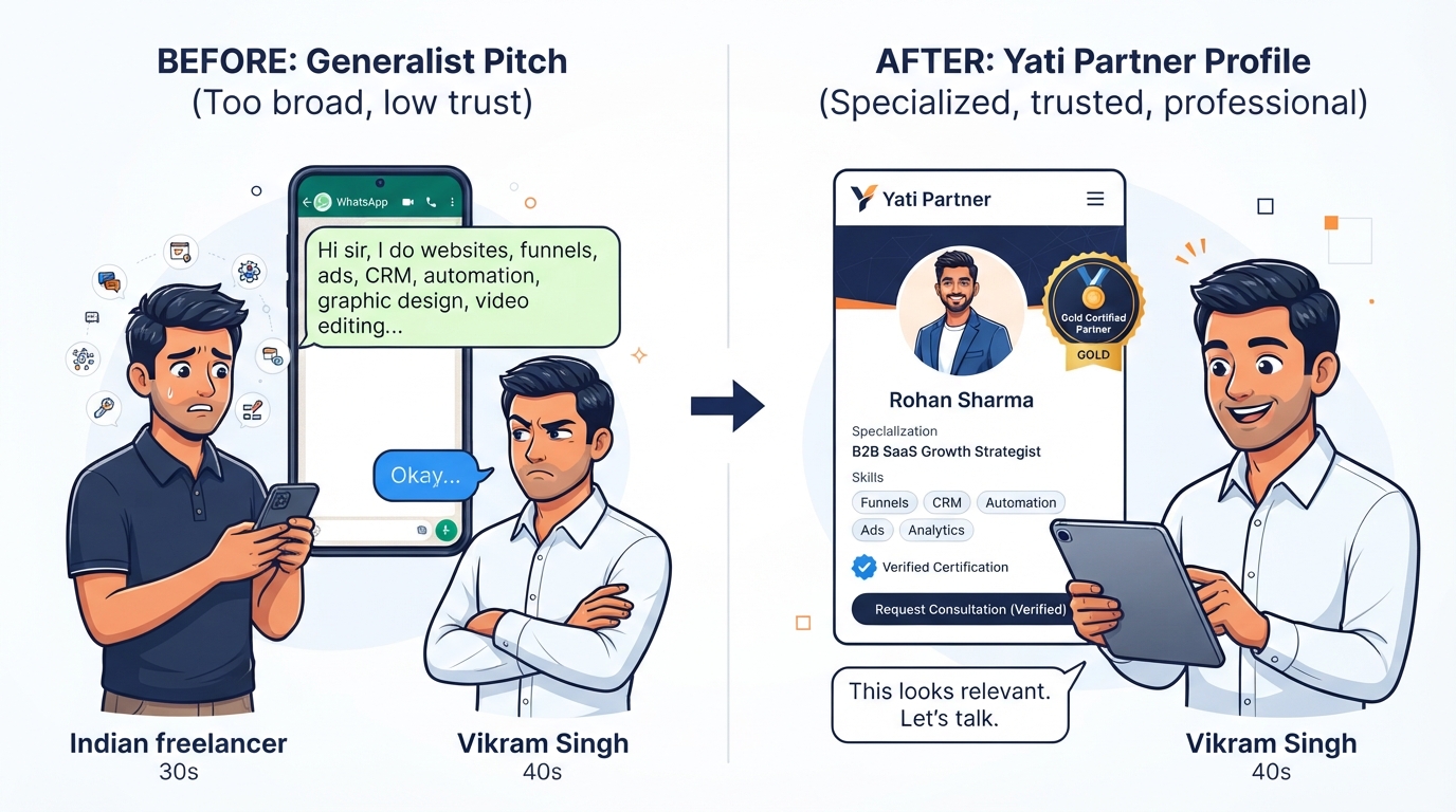 Before and after comparison: a long WhatsApp skill list versus a professional Yati Partner profile card