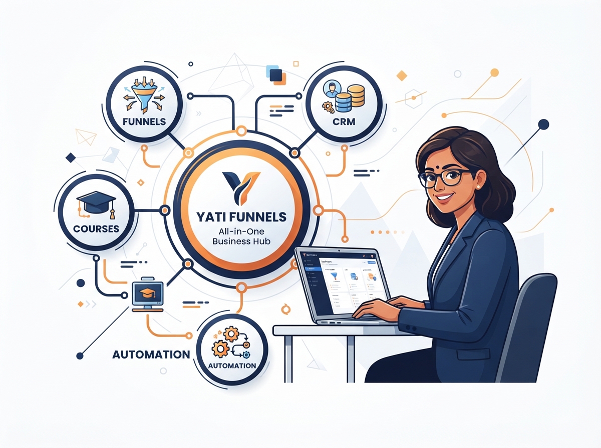 A calm Indian coach with an organized connected system of funnels, CRM, automation and courses