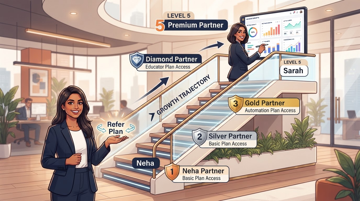 Illustrated progression ladder from Refer Plan to Silver, Gold and Diamond Premium Partner levels, with Neha at the base holding a referral link