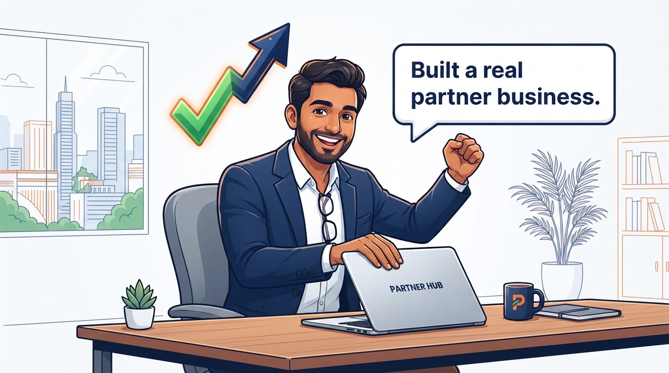 Happy Indian partner celebrating building a successful partner business