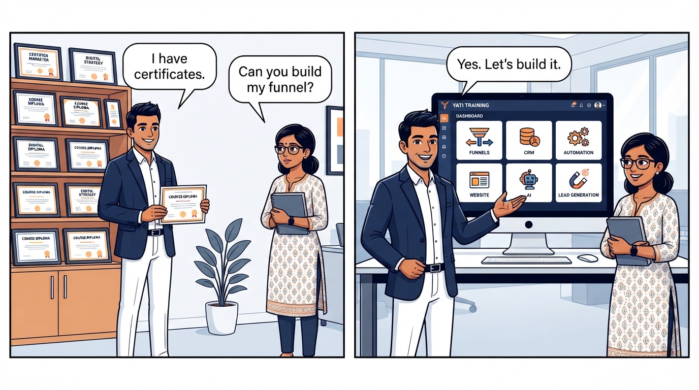 Arjun with a shelf of generic certificates versus a Yati training dashboard with practical modules