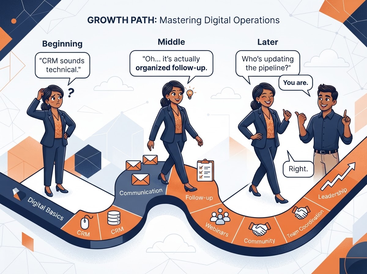 Indian woman progressing through a skills learning roadmap from CRM basics to leadership, with speech bubbles showing growing confidence