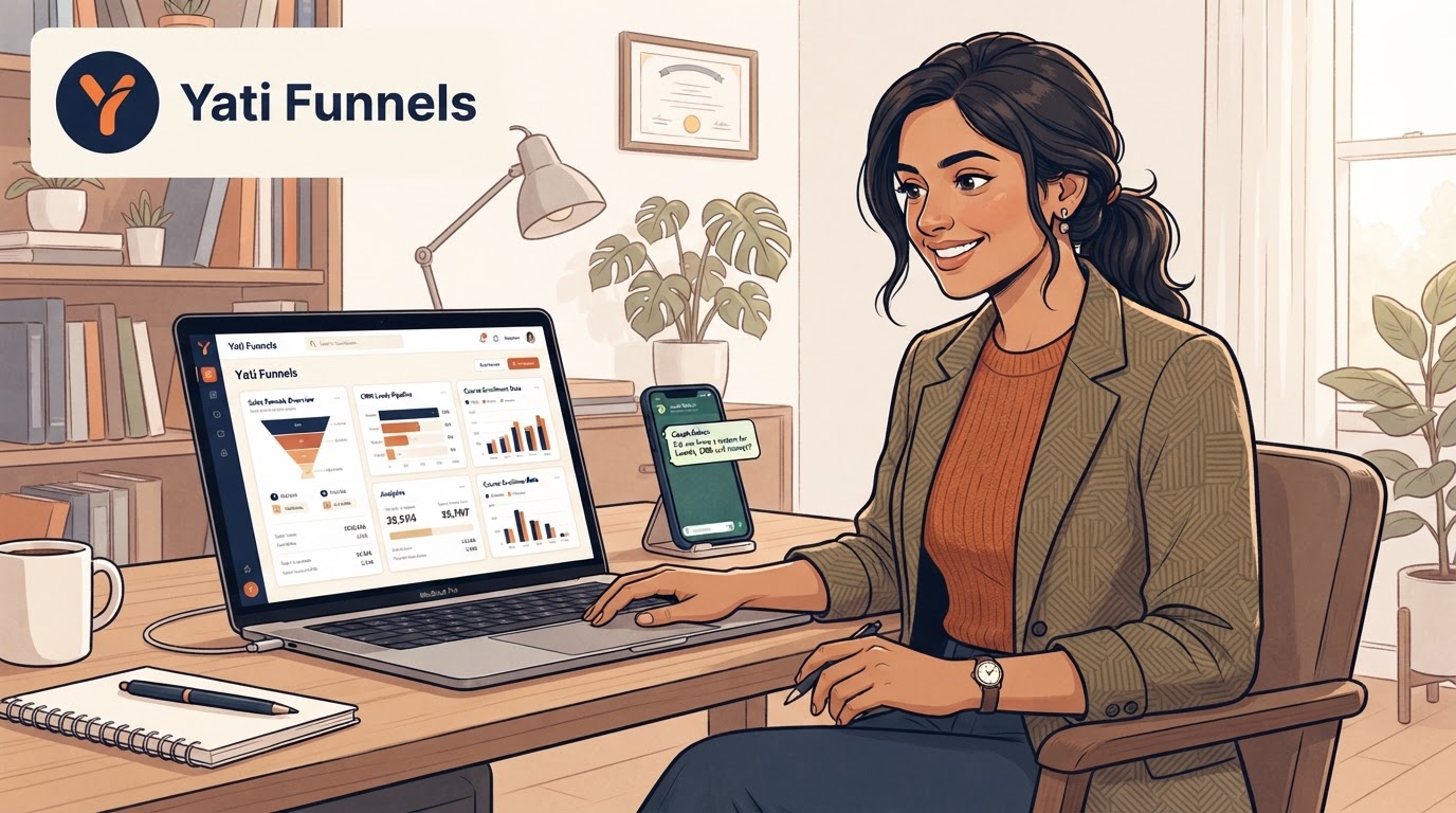 Indian professional woman Neha receiving a WhatsApp message from a coach asking about funnels, CRM and courses, while looking at the Yati Funnels dashboard on her laptop