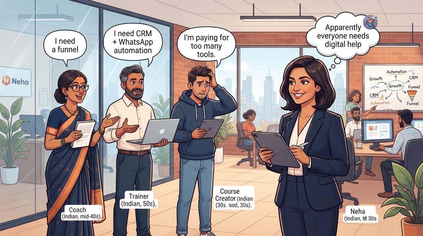 Three Indian professionals — a coach, a trainer and a course creator — each asking for digital help, while Neha realizes she can refer Yati Funnels