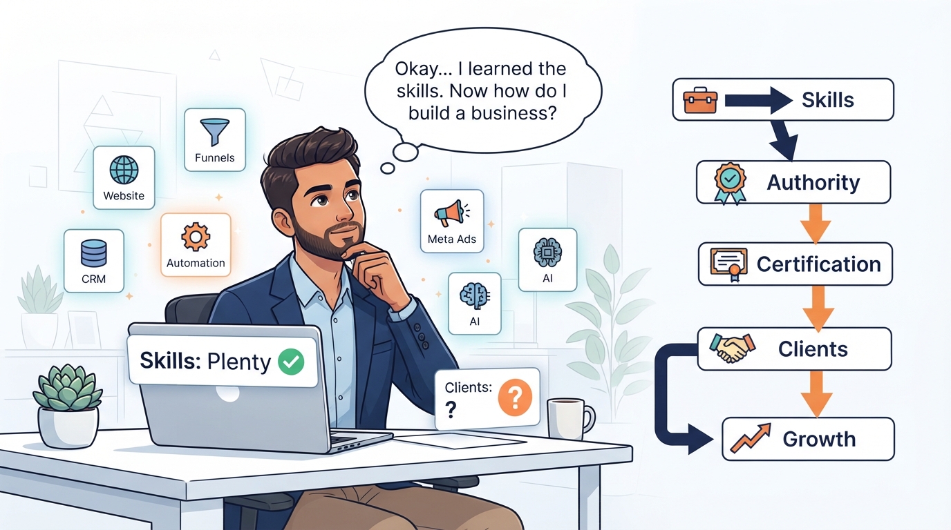 Arjun, an Indian digital professional, surrounded by skill icons wondering how to build a business