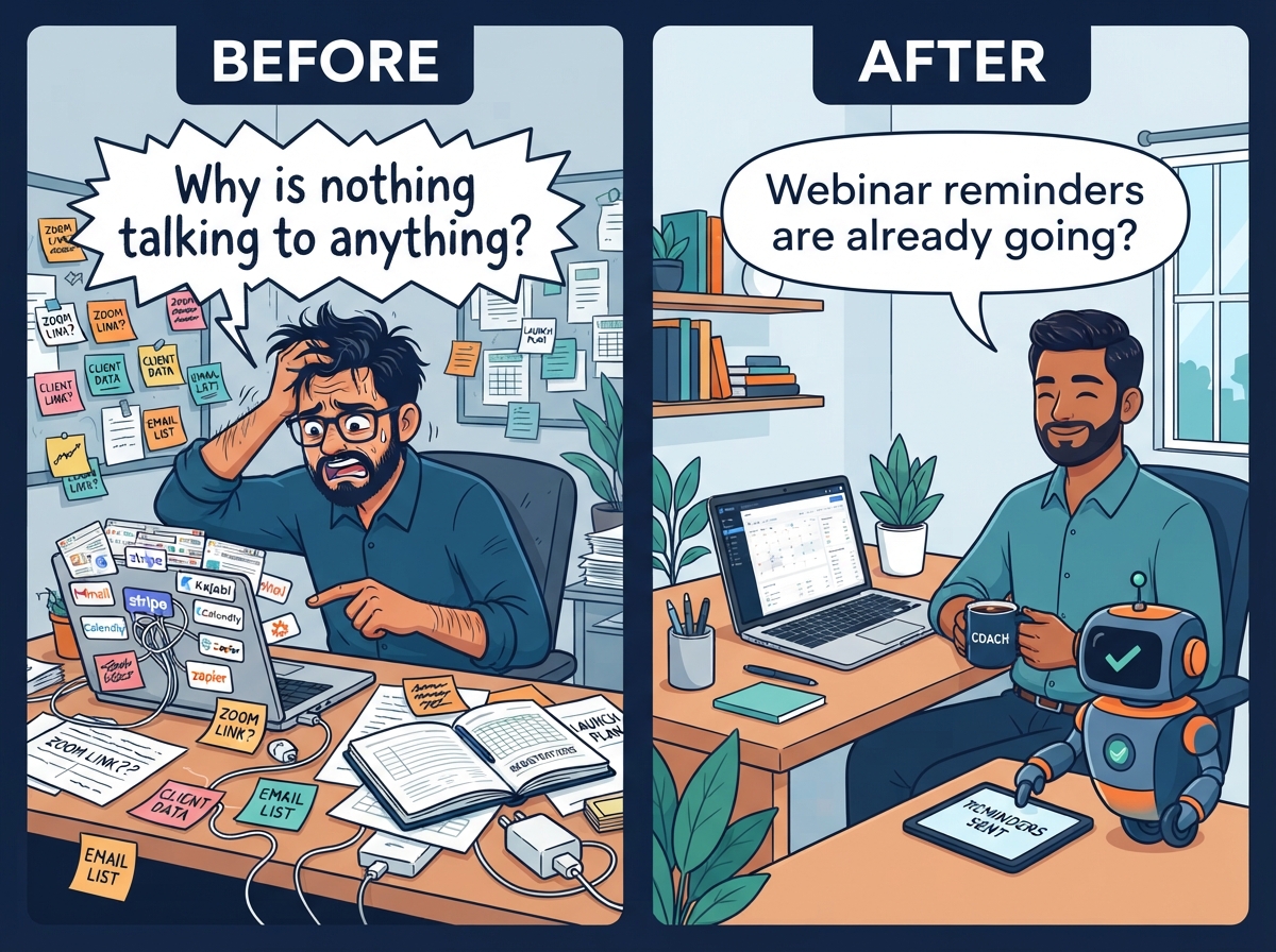 Before and after comparison: overwhelmed coach with sticky notes and multiple tabs on the left, calm coach with organized workflow and robot assistant on the right