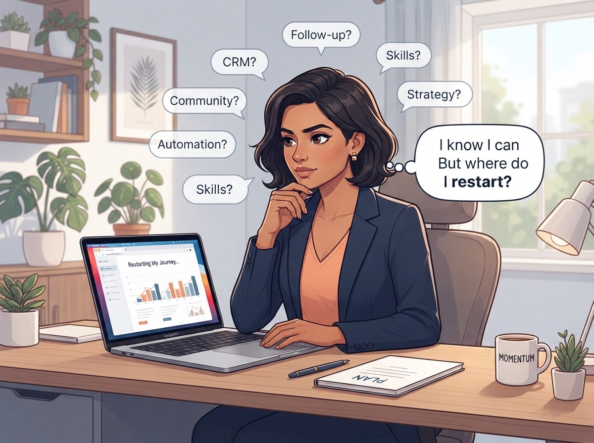 Indian woman restarting her career as a Digital Coach Assistant, sitting at home with laptop and floating thought cards about CRM, webinars and follow-up