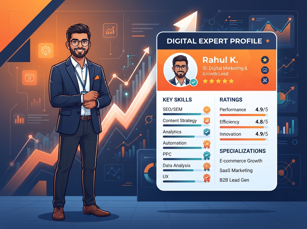 A confident Indian digital expert showcasing their skills and professional profile