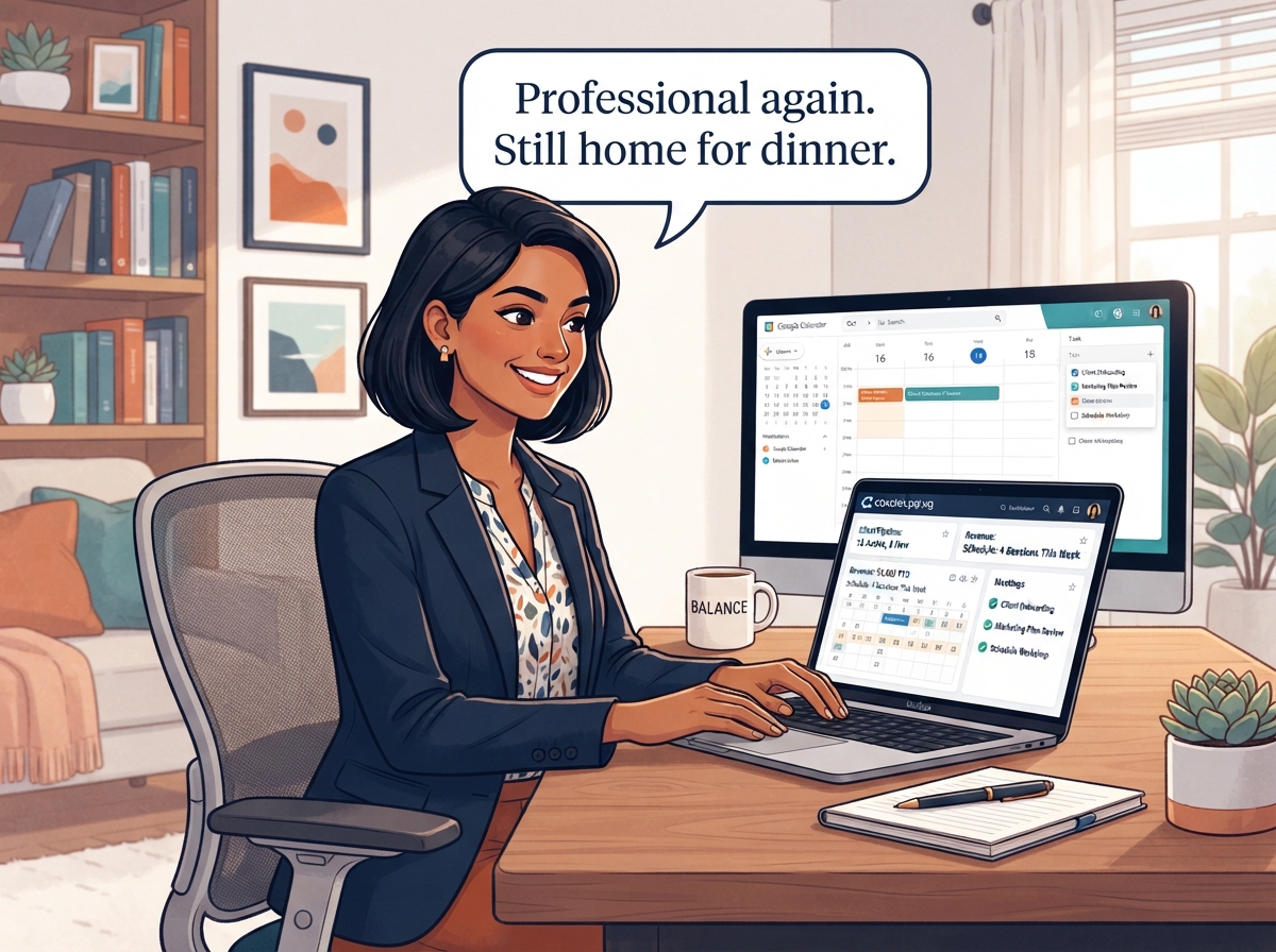 Indian woman working professionally from a home workspace with laptop, managing coaching business operations efficiently