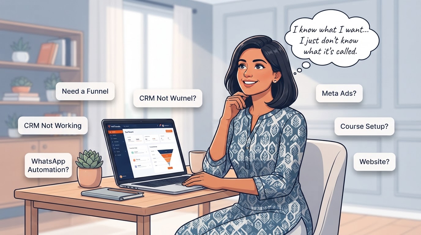 Priya, an Indian business owner, surrounded by floating problem cards at her laptop