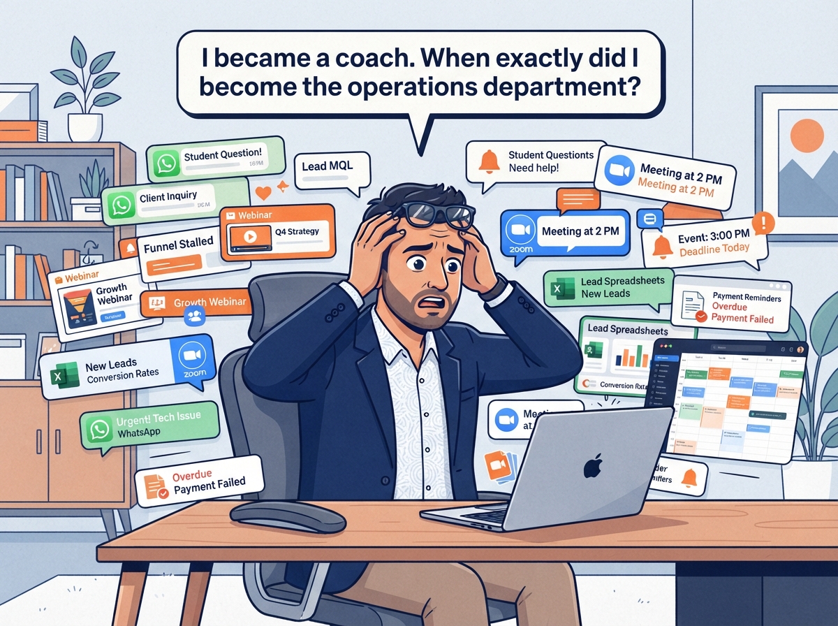 Overwhelmed Indian coach surrounded by WhatsApp messages, CRM notifications, webinar slides and operational tasks