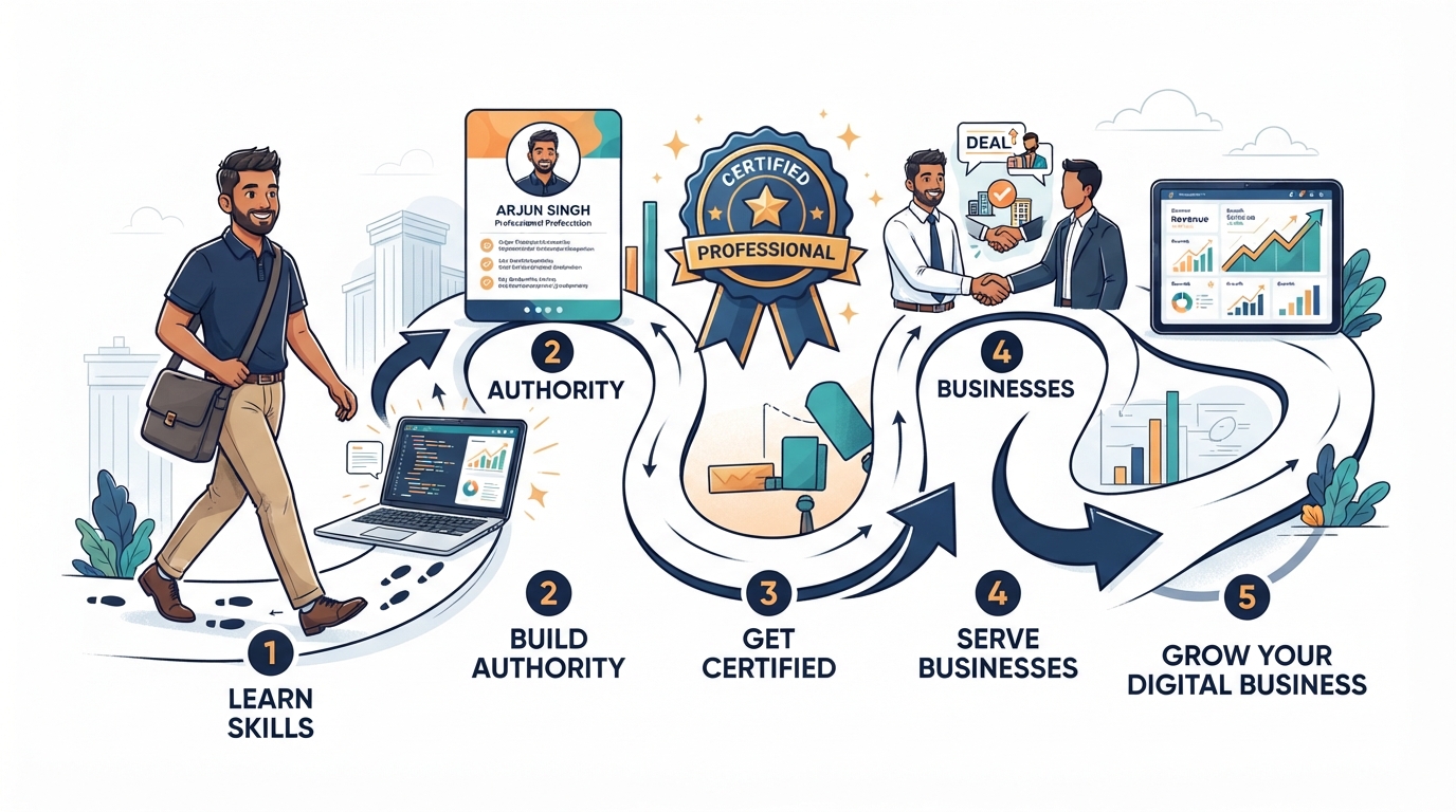 Illustrated roadmap showing Arjun progressing through Learn Skills, Build Authority, Get Certified, Serve Businesses and Grow Your Digital Business