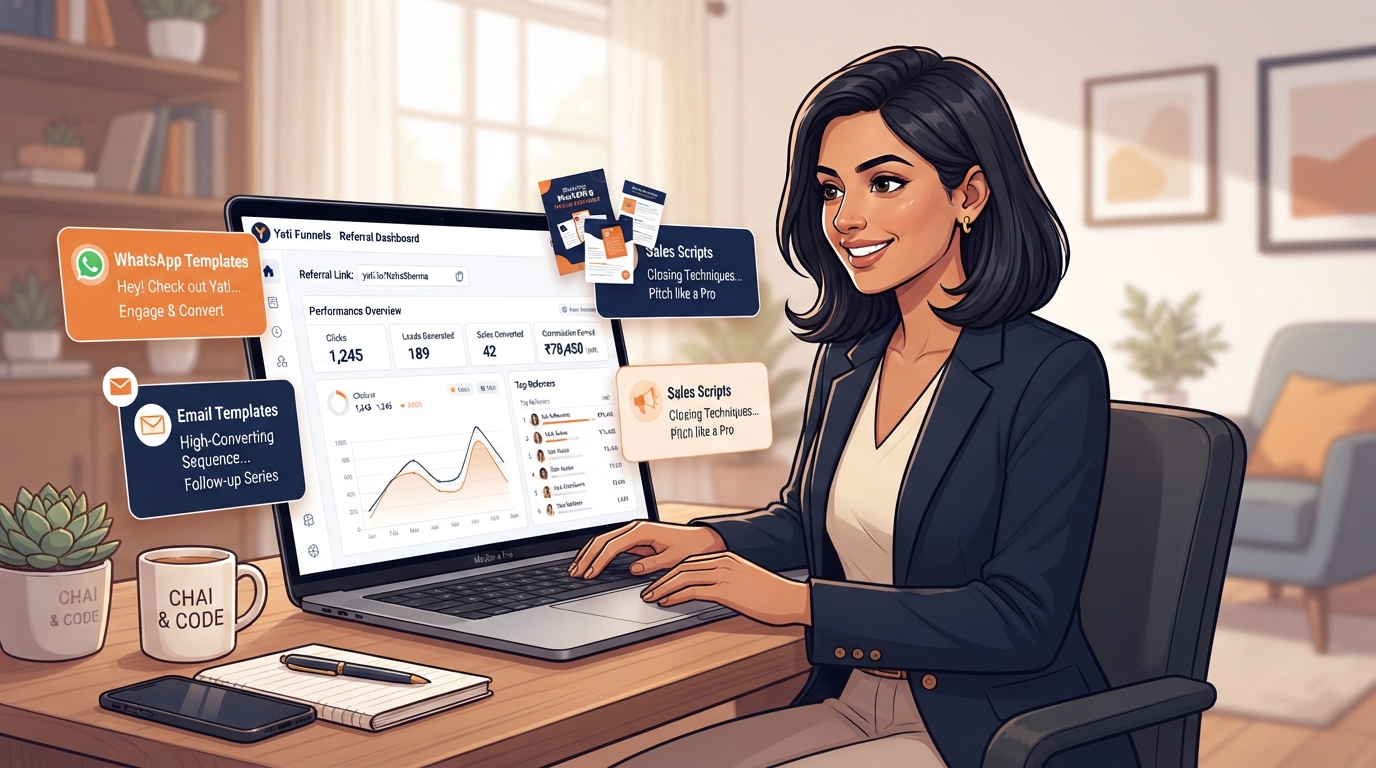Indian professional woman Neha using a Yati Funnels referral dashboard showing clicks, leads, sales and commission tracking, with floating cards for WhatsApp templates, email templates and sales scripts