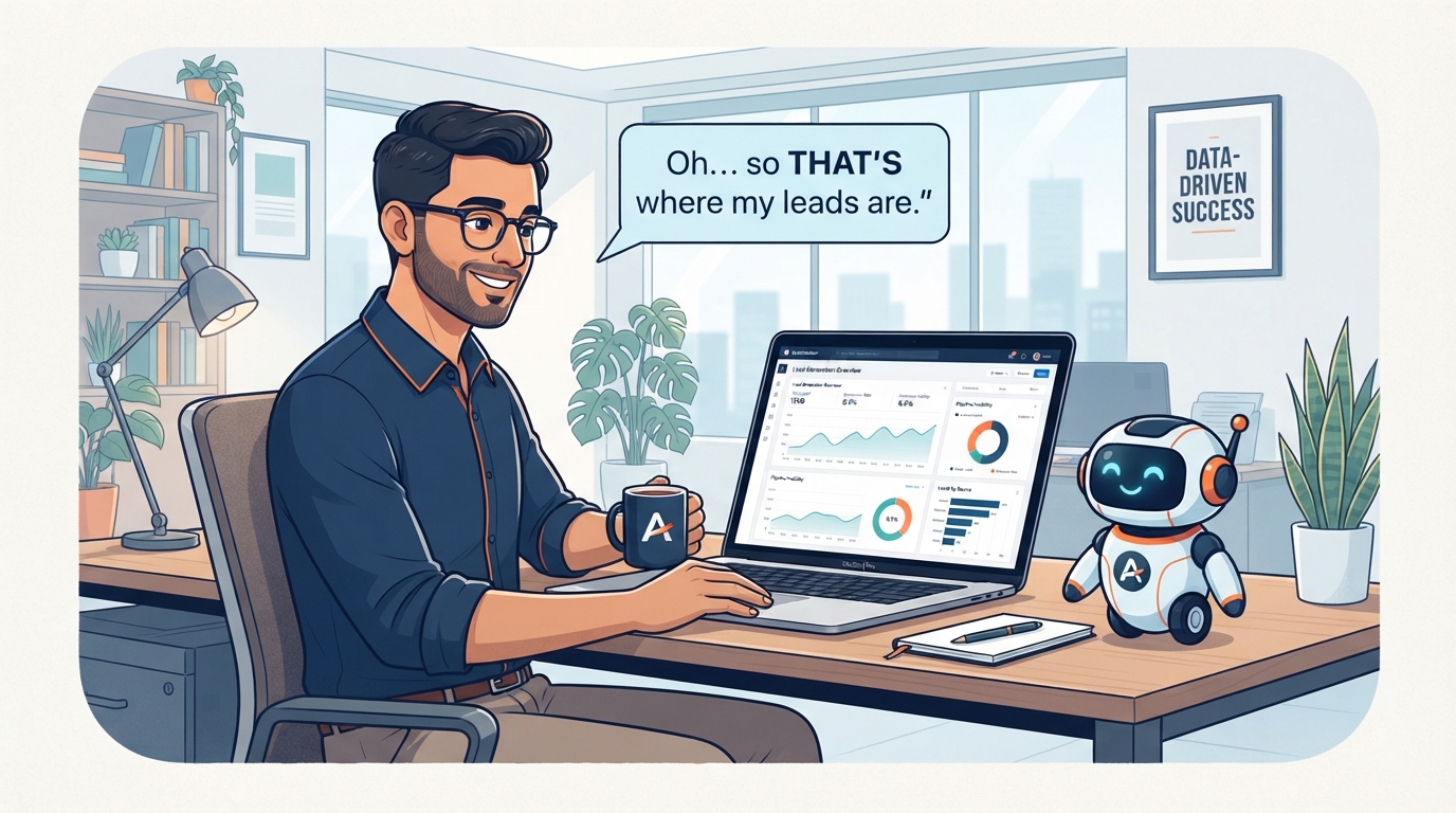 Calm Indian coach with a clean dashboard and friendly robot assistant, discovering where leads are in one connected system