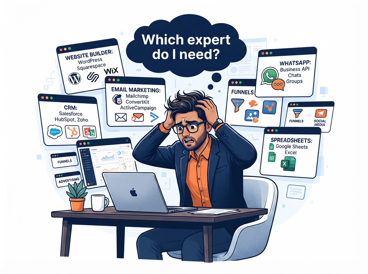An Indian coach surrounded by multiple disconnected software tools, wondering which digital expert to hire